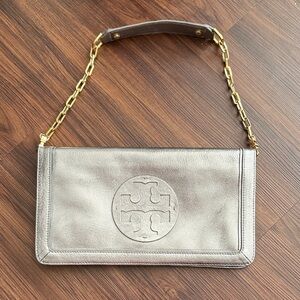Tory Burch Metallic Silver Clutch with Gold Chain